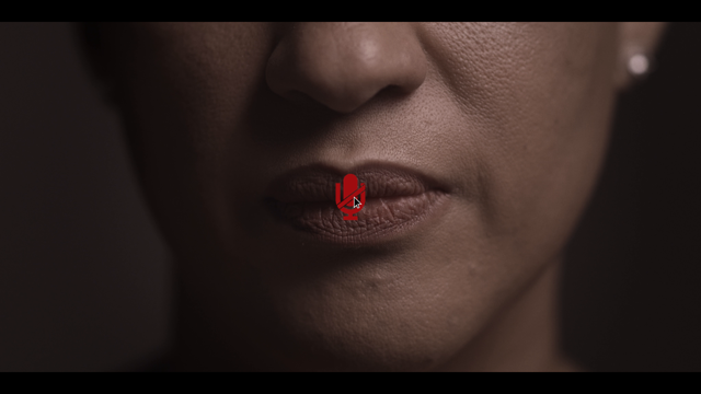 An image of a microphone with a line through it – the symbol for mute on calls – covers a womans lips
