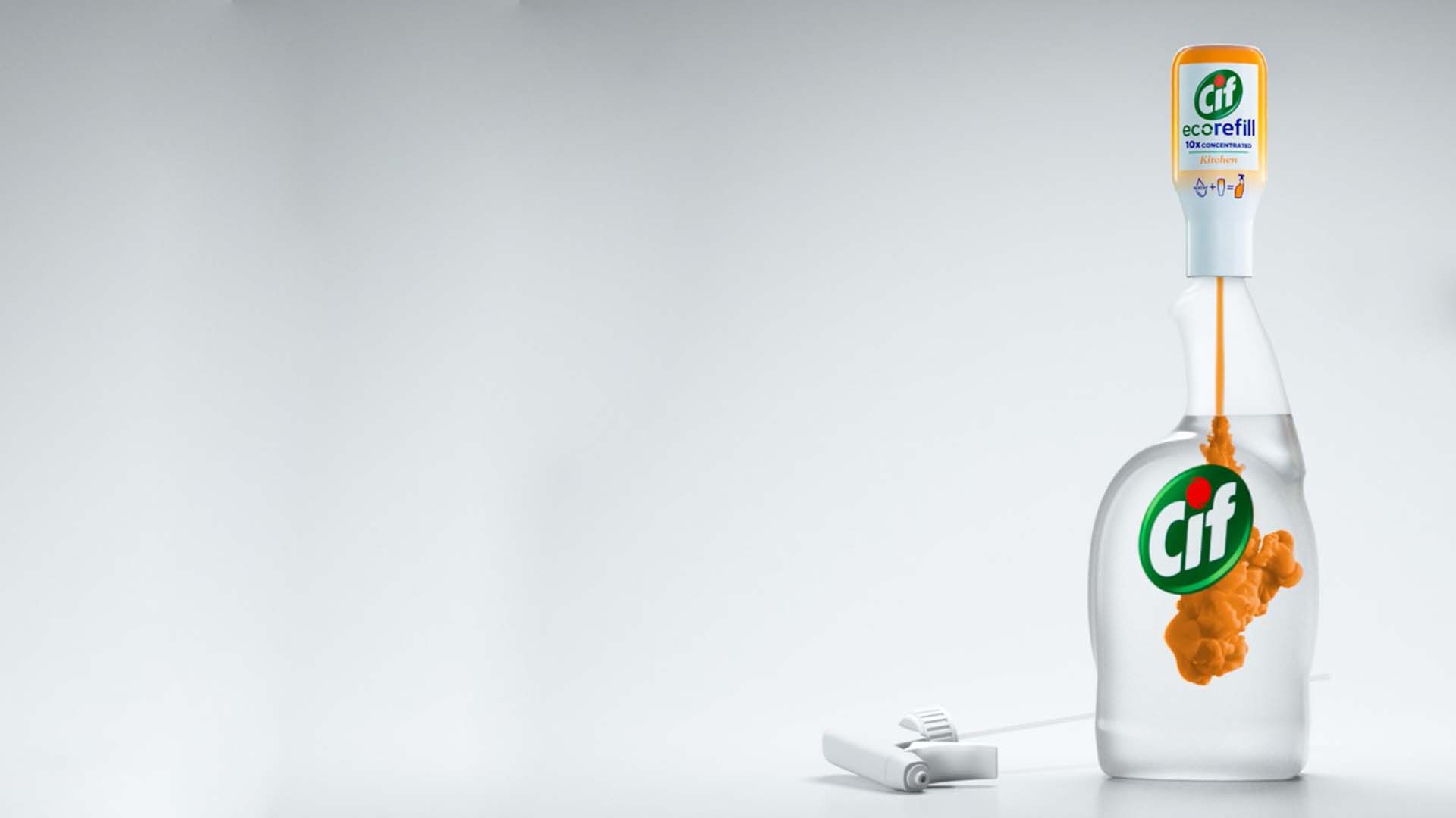 Cif ecorefill pouring into bottle. The refills use 75% less plastic and, by diluting at home, 97% less water is transported.