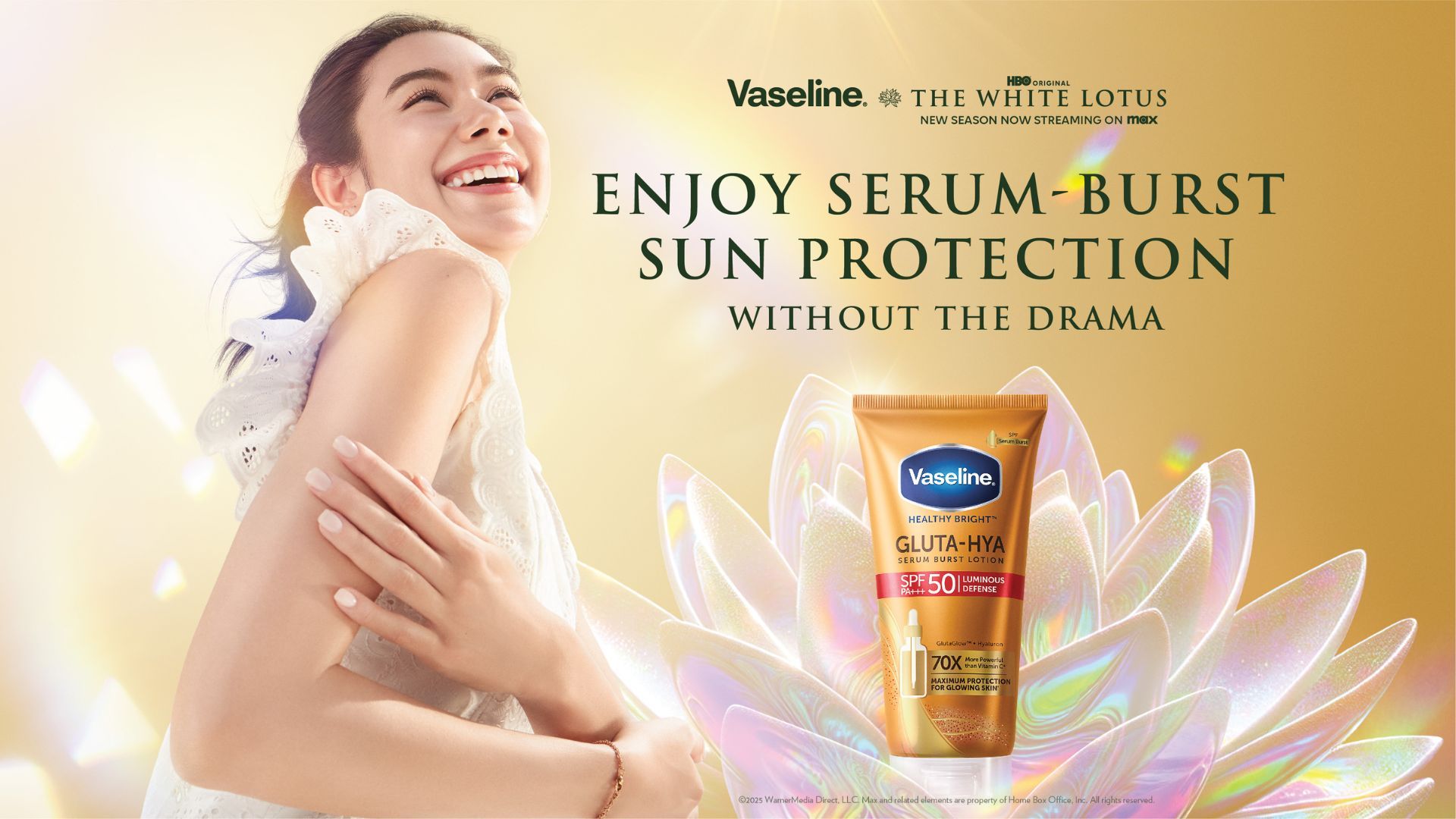 An image from the Vaseline Gluta-Hya campaign in partnership with HBO series The White Lotus. A woman smiles next to a tube of Vaseline SPF 50.