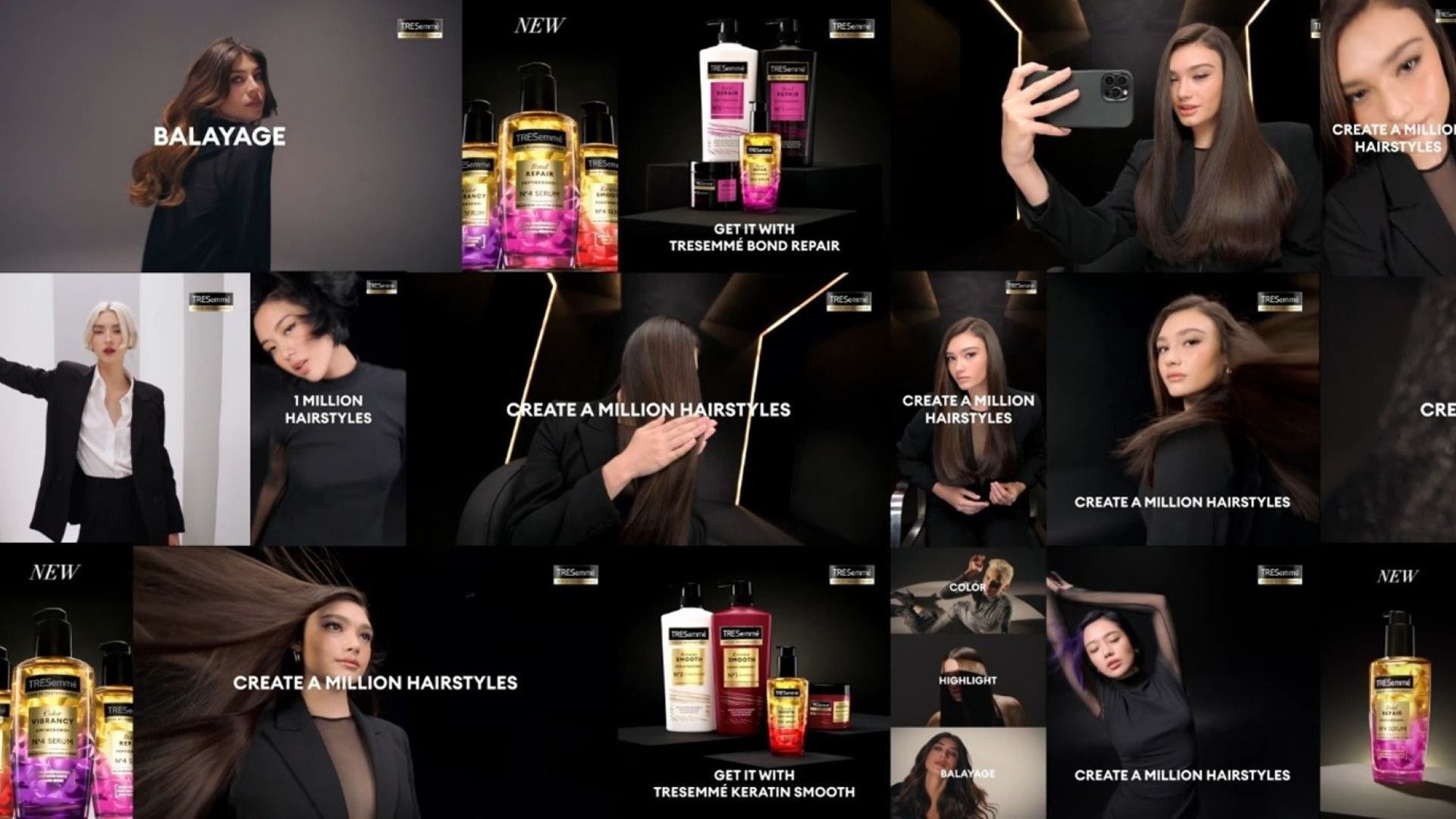 A collage of images showing TRESemmé product bottles and models.