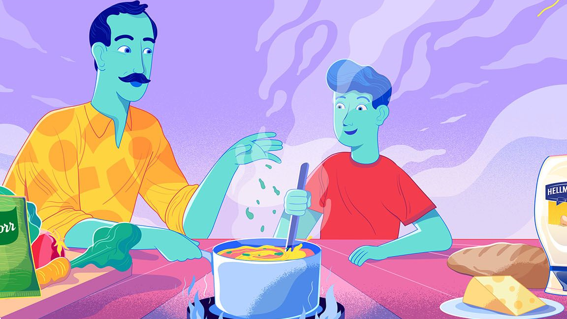 Illustration of father and son cooking
