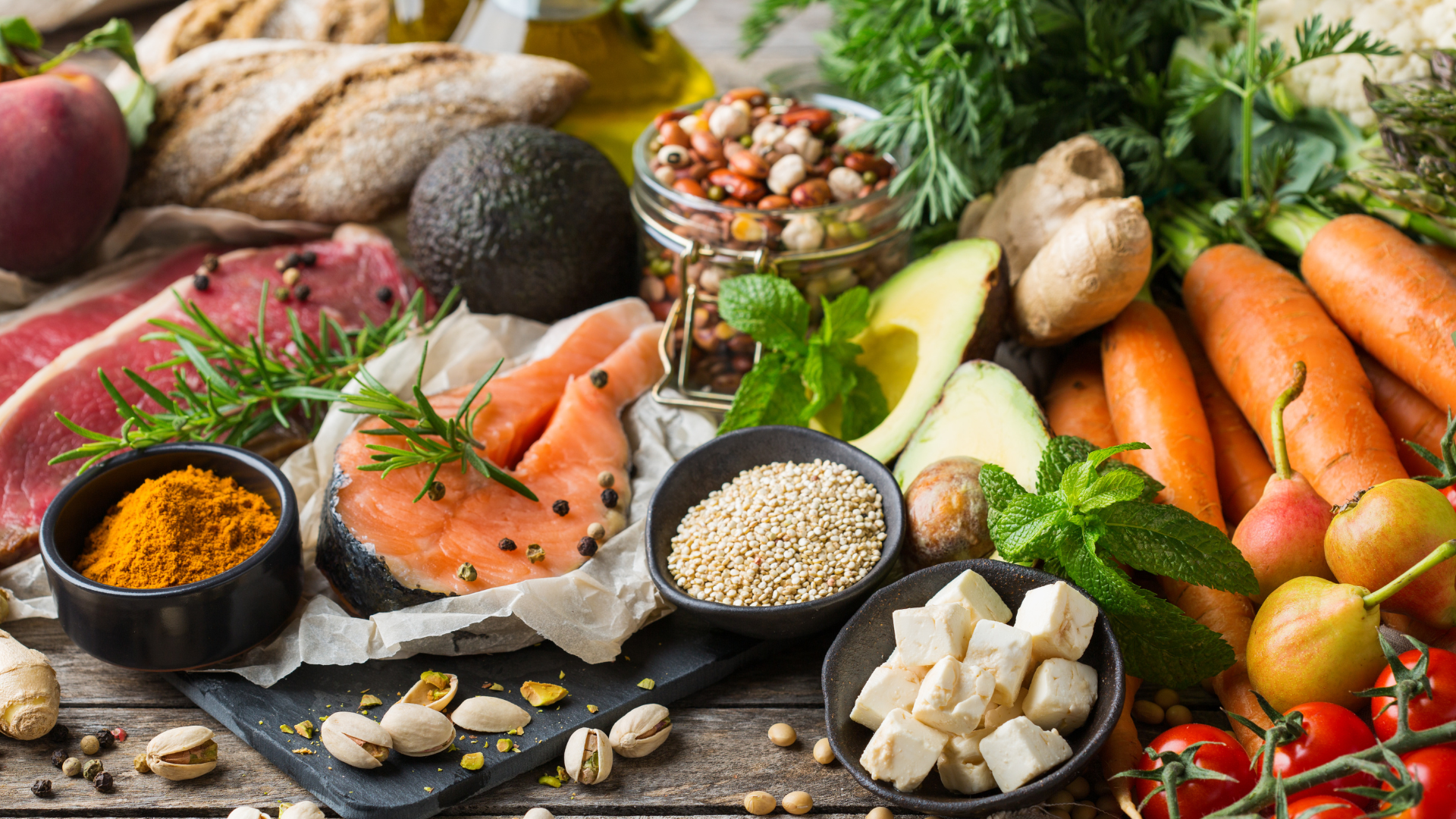 A colorful display of several food items.
