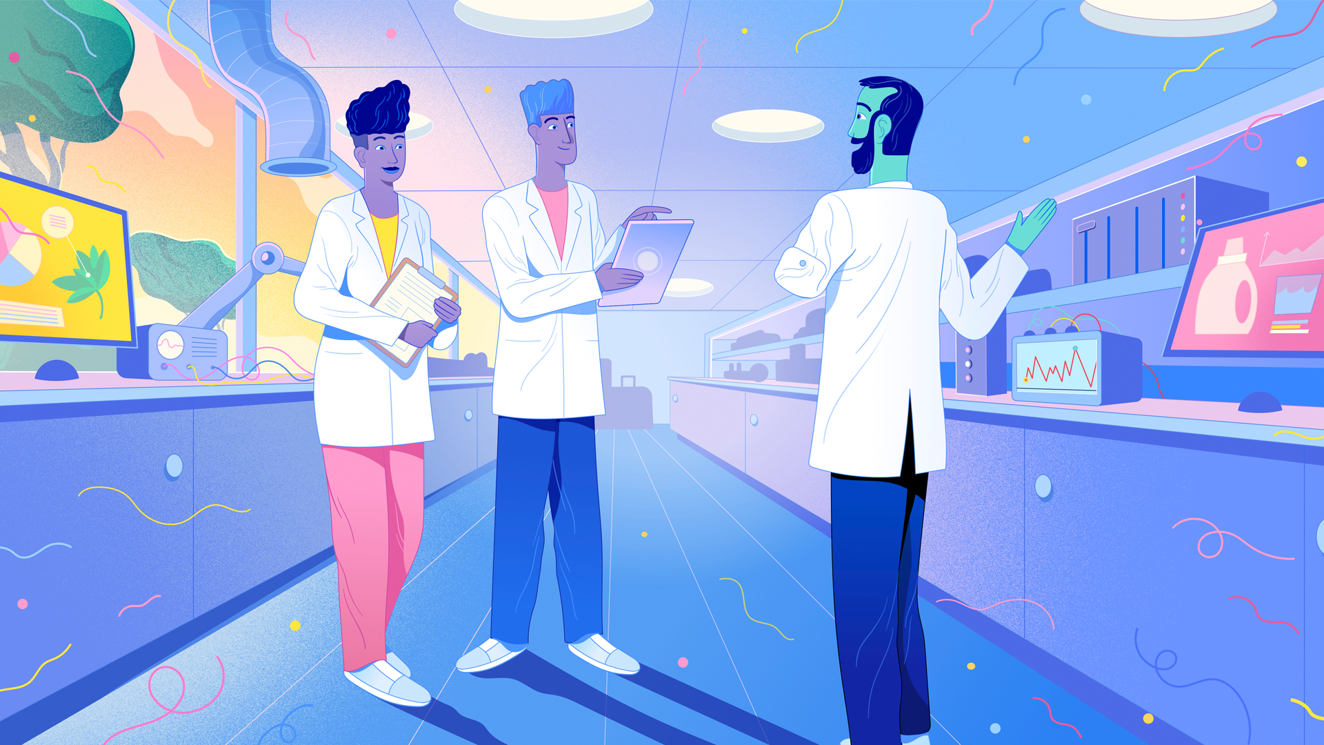 Illustration of 3 scientist discussing together in a lab