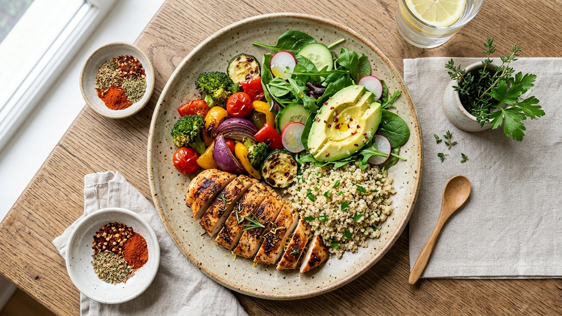 Grilled chicken with quinoa, mixed vegetables, and avocado salad on a wooden table with herbs and spices.
