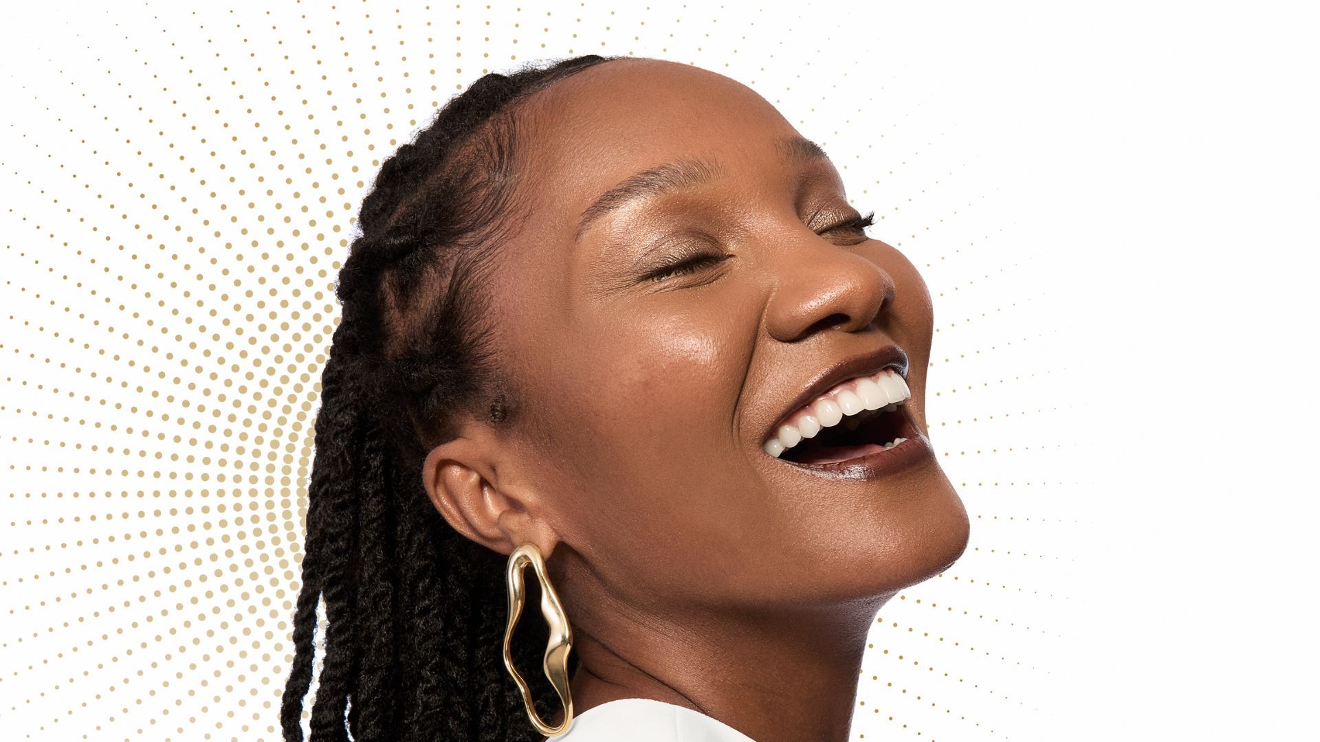 An image to promote Dove Regenerative dermocosmetics skincare products. A Black woman is shown in side profile, smiling. Background is white with gold dots.