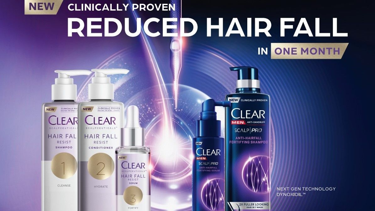 Clear’s new range helps to address hair fall by treating the scalp. Five bottles are pictured here