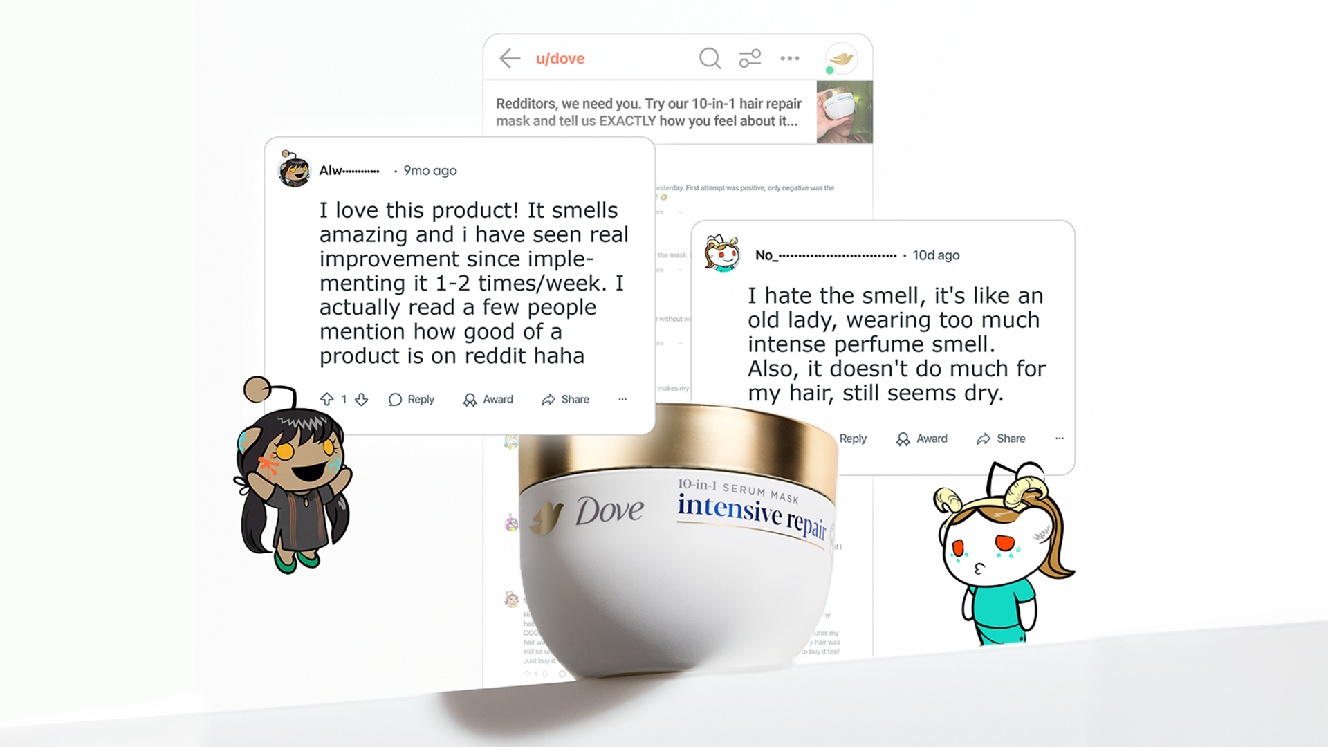 A white and gold jar of Dove Intensive Repair Hair Mask. Two Reddit reviews (one positive, one negative) and two Snoovatars.
