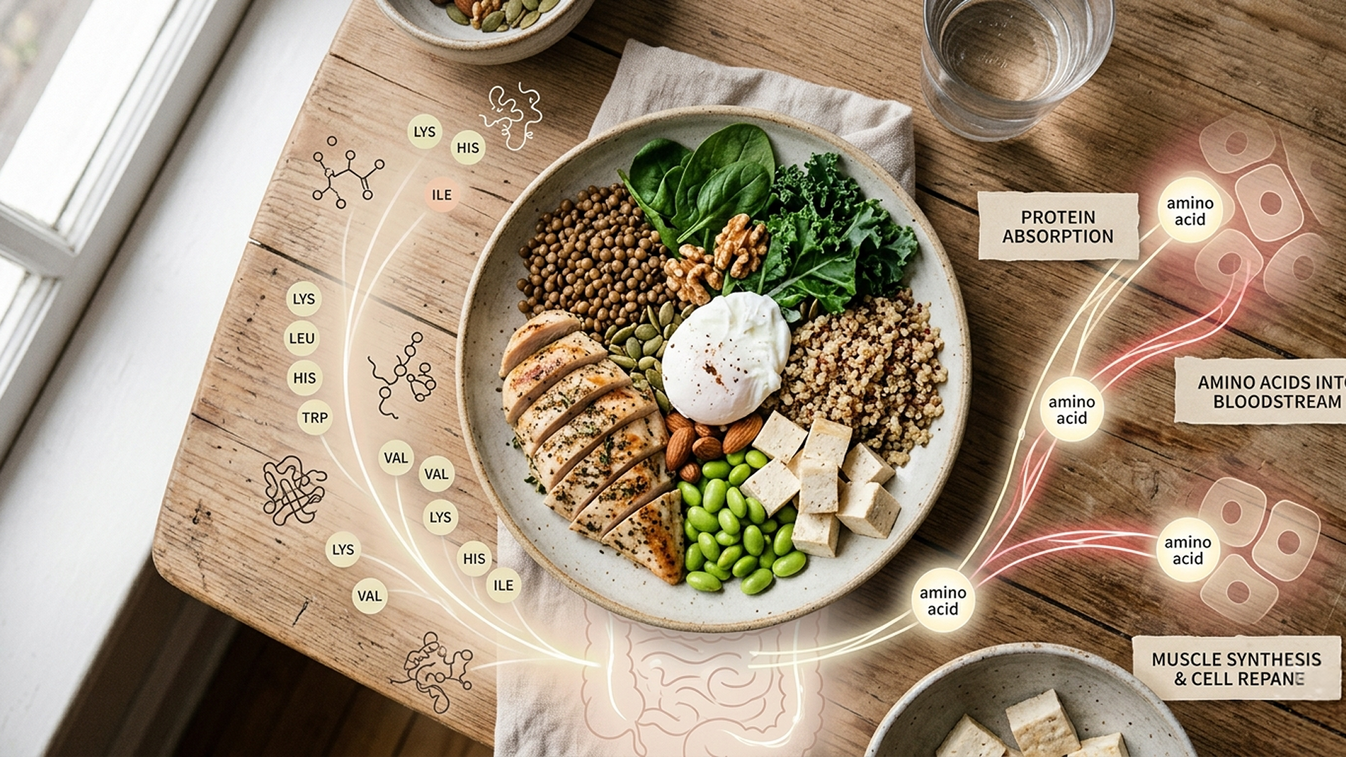 Balanced protein-rich meal bowl with chicken, grains, vegetables, nuts and tofu on a wooden table with nutrition graphics
