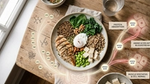 Balanced protein-rich meal bowl with chicken, grains, vegetables, nuts and tofu on a wooden table with nutrition graphics
