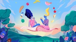 An illustration of a couple eating a picnic with food items floating around them