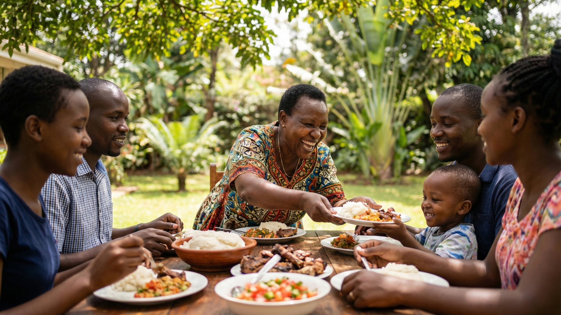 Family sharing a joyful meal outdoors under a tree.