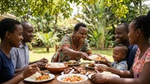 Family sharing a joyful meal outdoors under a tree.