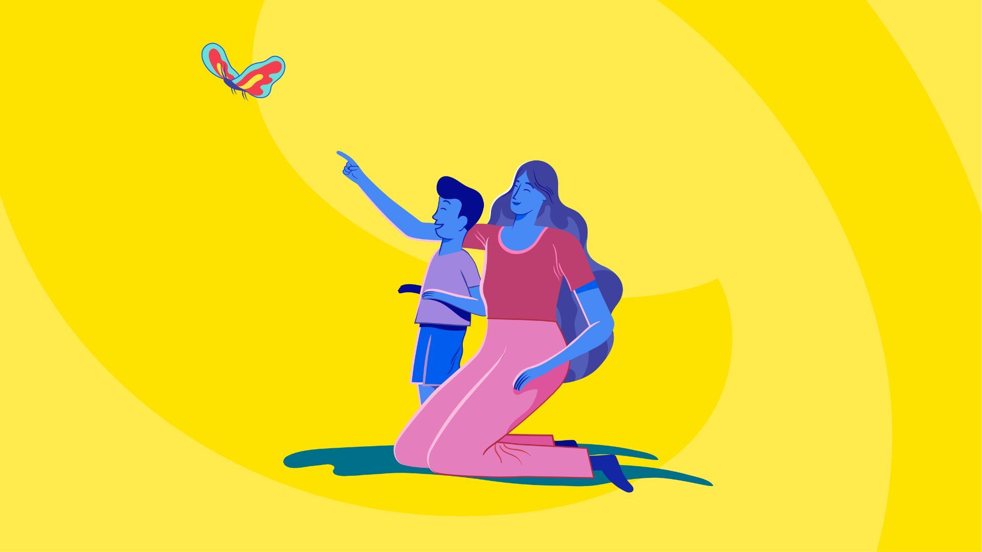 Illustrative image of a woman and a child looking at a butterfly