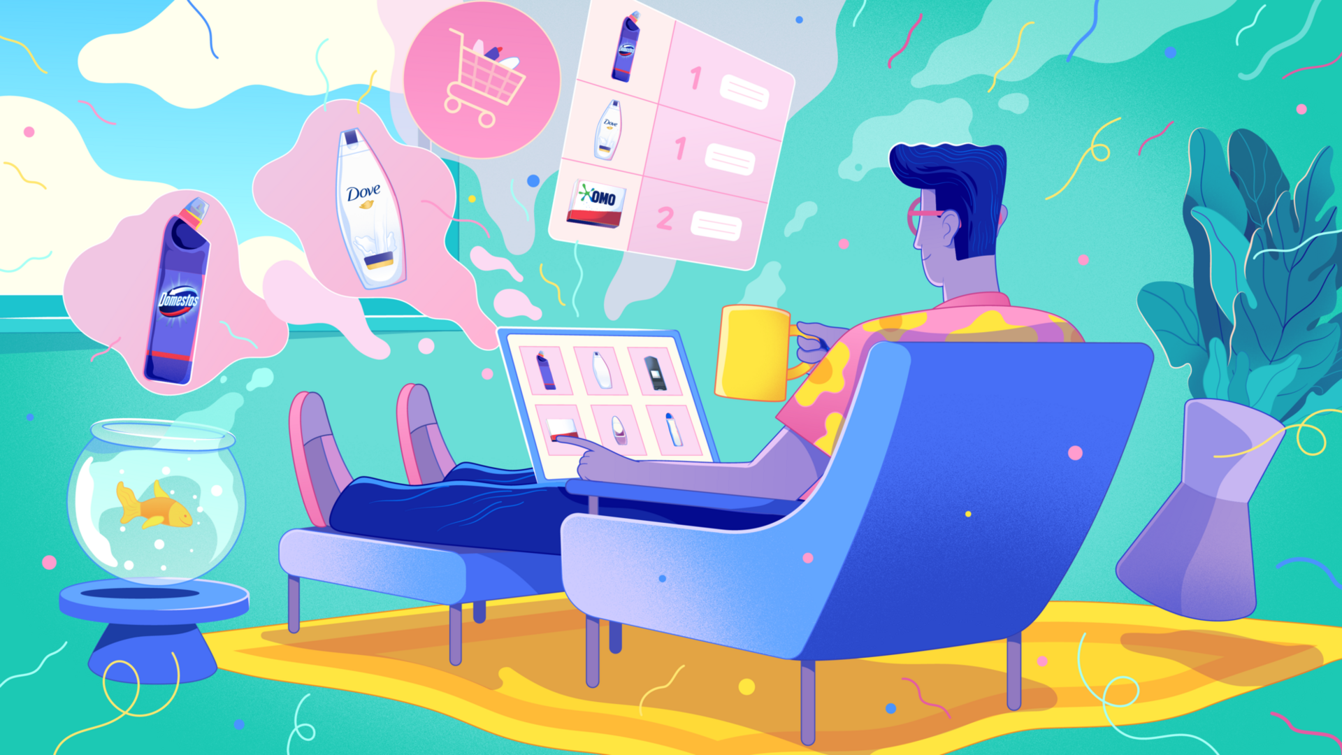 Illustration of a man sitting with a laptop scrolling through products