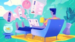 Illustration of a man sitting with a laptop scrolling through products
