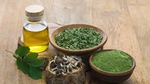 Moringa oil, leaves, seeds, and powder on a wooden table.