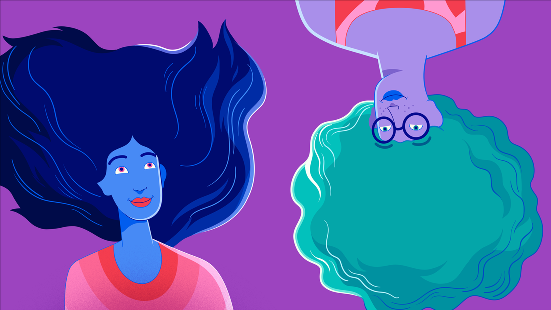 Illustration of two people with big hair on a purple background