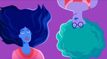Illustration of two people with big hair on a purple background