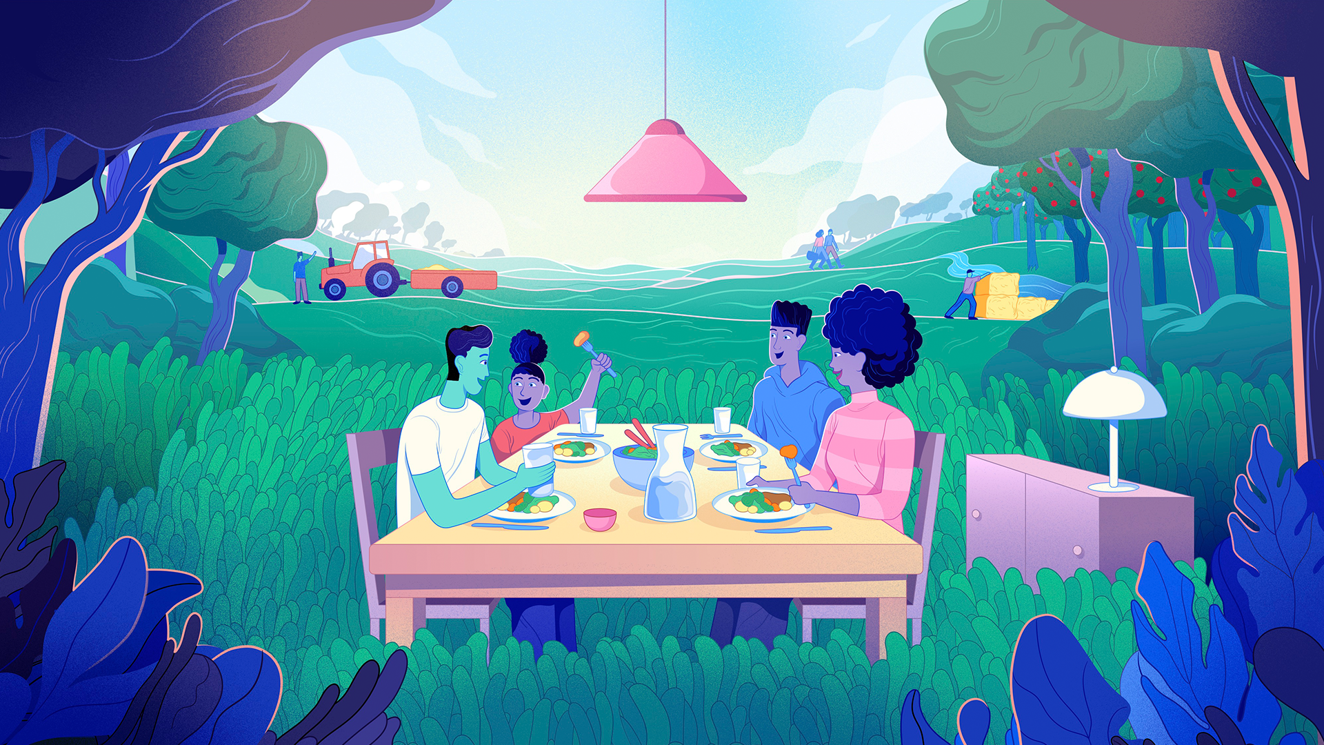 Illustration of four people eating on a table in the middle of forest