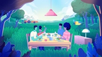 Illustration of four people eating on a table in the middle of forest
