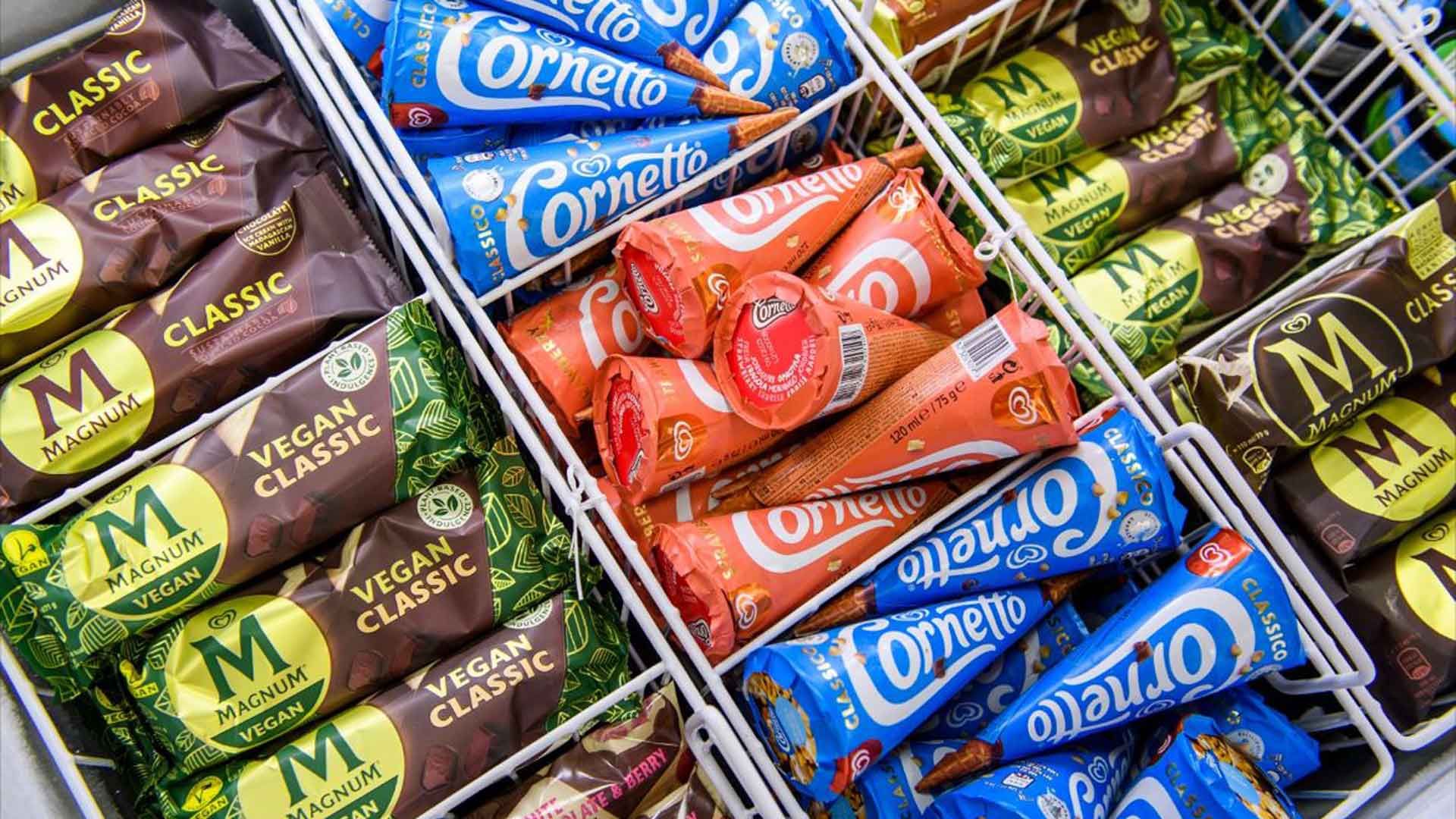 Ice cream freezer cabinet full of Cornetto and Magnum ice creams
