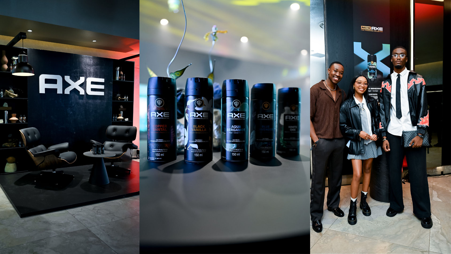 A lounge-style AXE brand experience featuring black seating, ambient lighting, and product displays in a modern indoor setting.