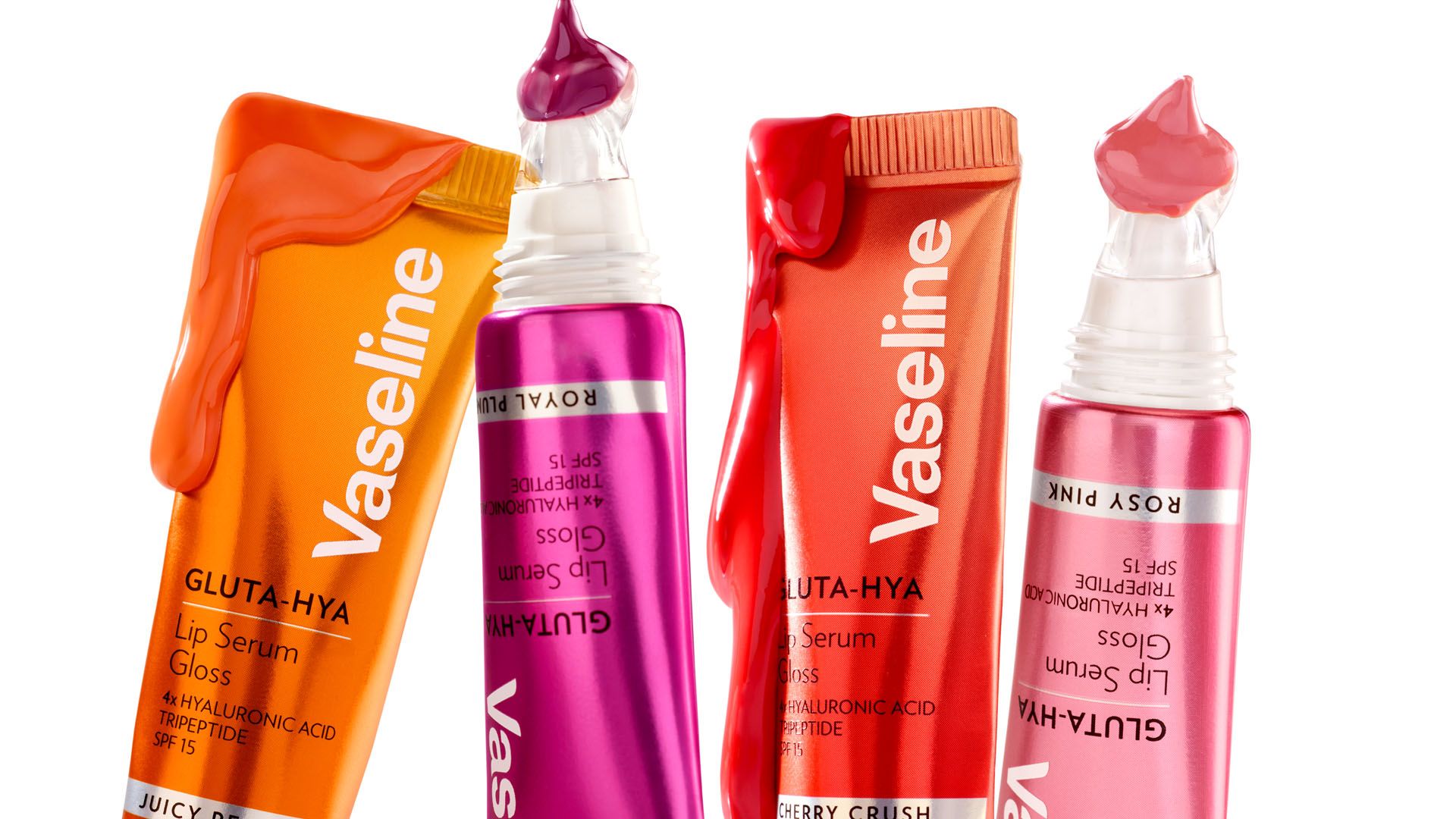 Four products from Vaseline’s Gluta-Hya Lip range. Packaging is red and pink on a white background.  