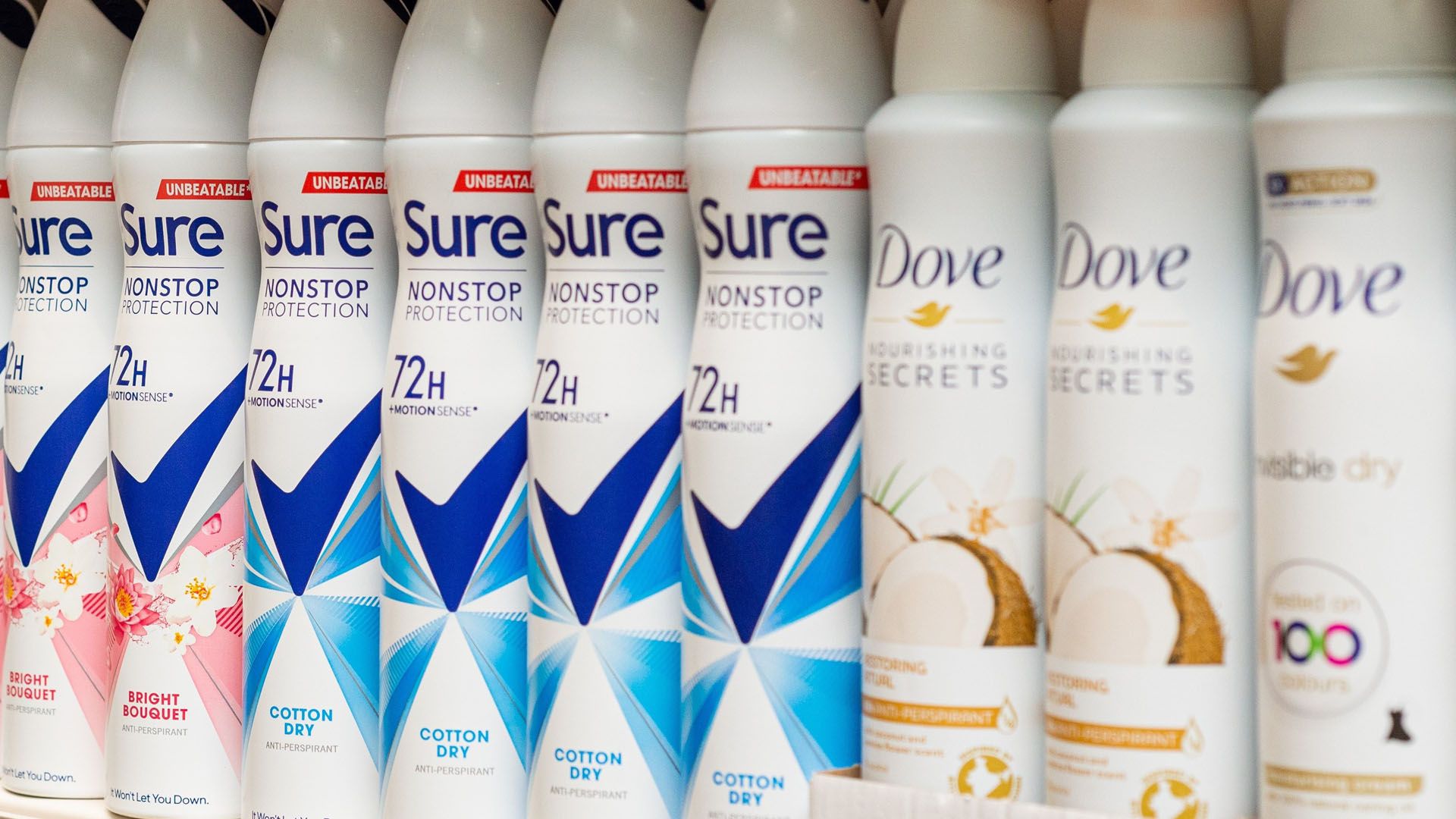 A selection of Sure and Dove deodorant products. Dove is one of Unilever’s €1 brands.