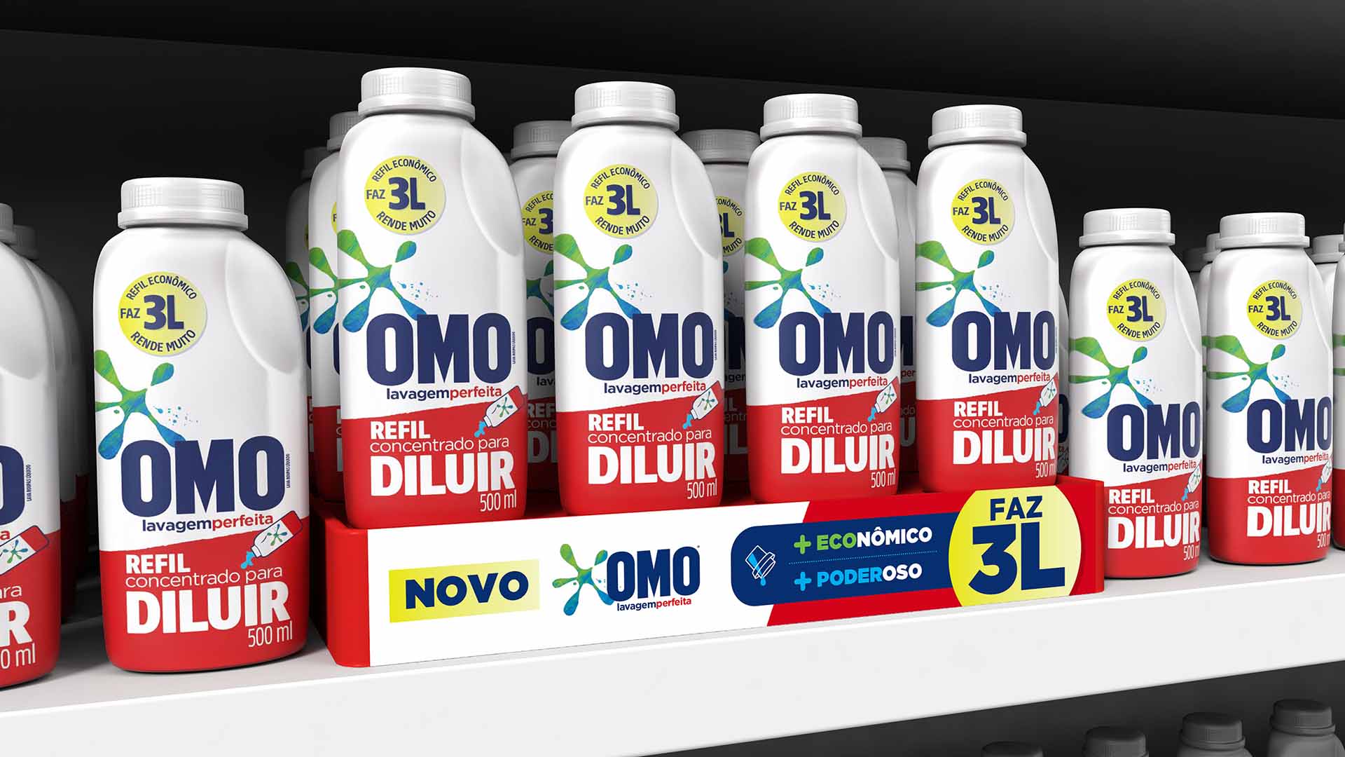 OMO Concentrate refill bottles on store shelf. The packs use 70% less plastic and are fully recyclable.
