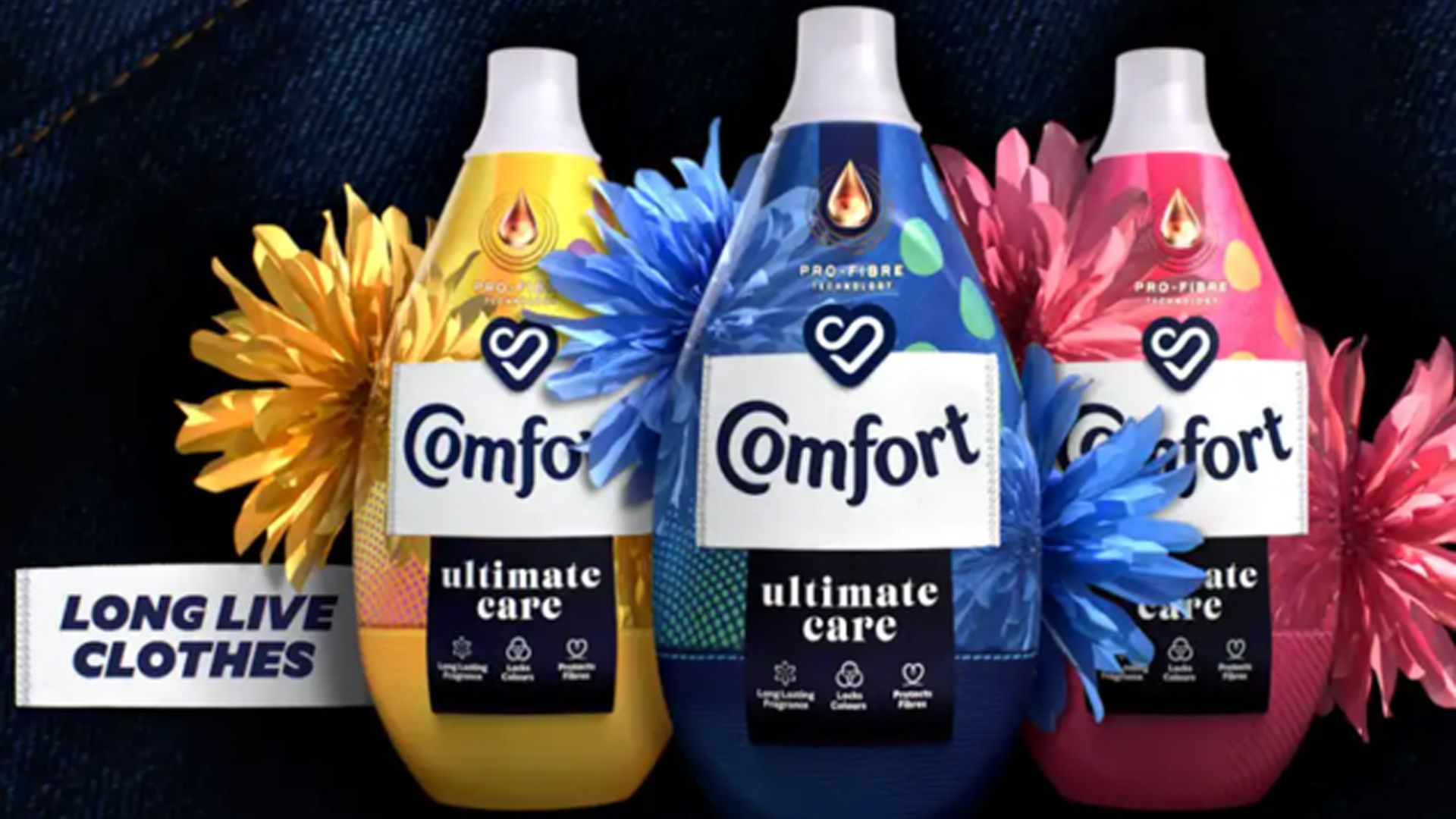 Bottles of Comfort fabric conditioner in yellow, blue and pink lined up. The background is dark denim material. Text reads: Long live clothes.