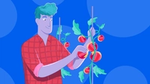 People tomato farmer blue background