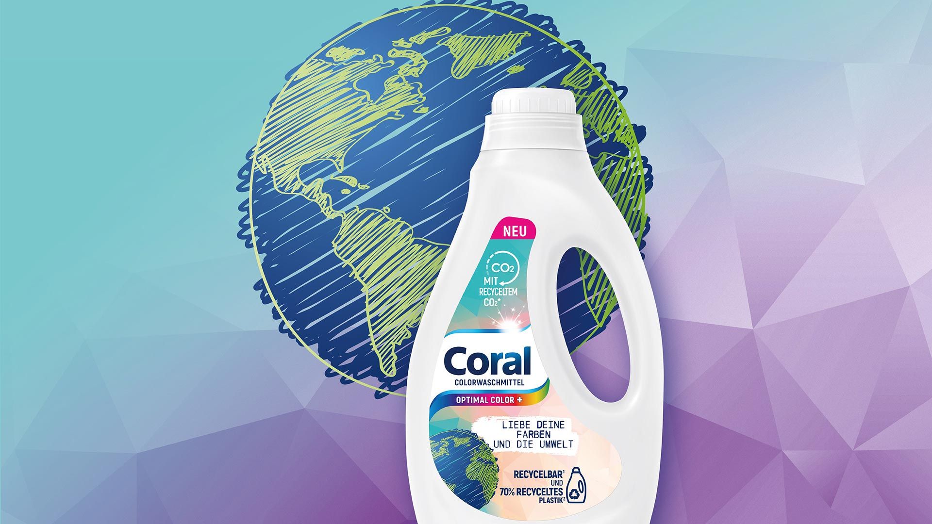 Bottle of Coral Color+, laundry liquid created using carbon captured from industrial emissions, in front of image of world