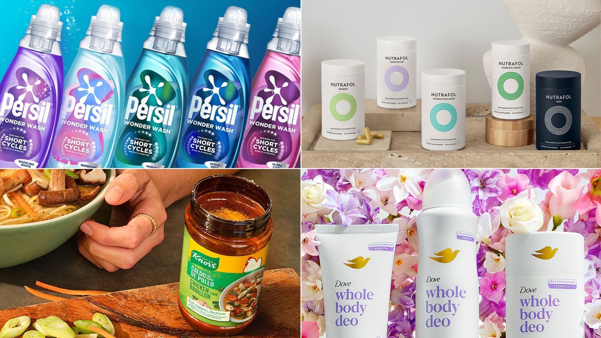 A four‑panel collage showing different Unilever products: five colourful Persil Wonder Wash detergent bottles; minimalist Nutrafol supplement containers on a beige background; a hand spooning food beside a jar of Knorr seasoning; and Dove Whole Body Deo products displayed among pink and white flowers.