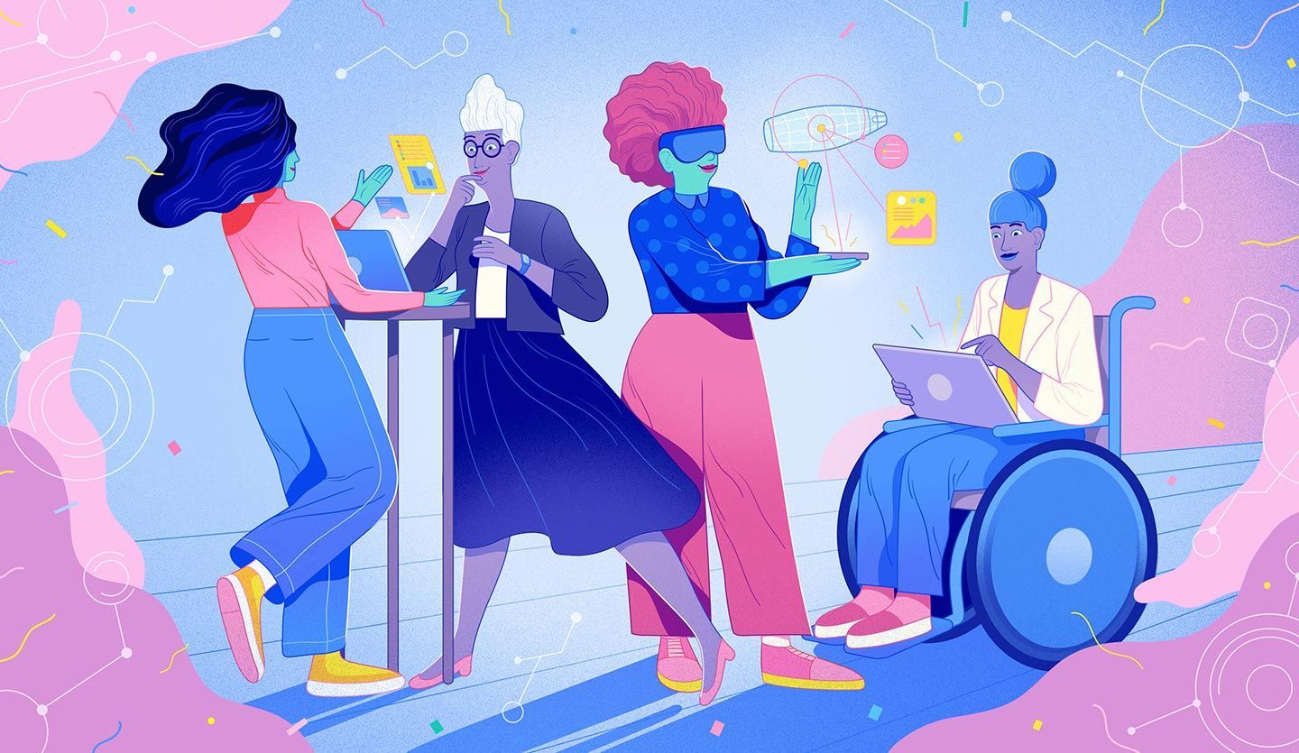 A graphic of women working in science