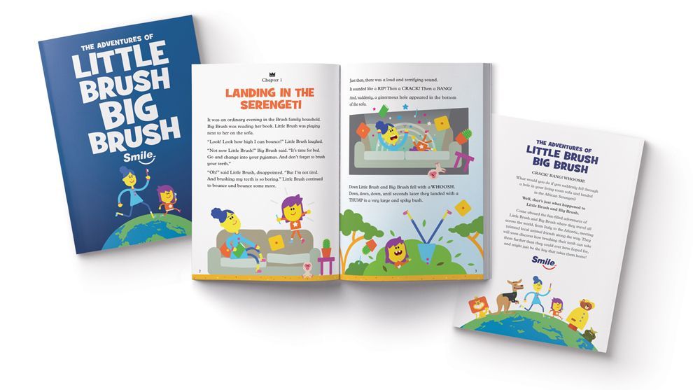 Photos of the cover and inside pages of The Adventures of Little Brush Big Brush, a bedtime story book .