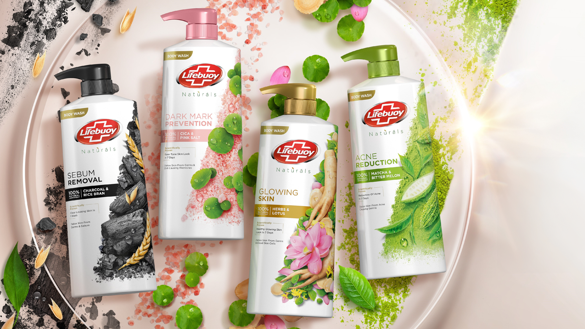 Four products in the Lifebuoy Naturals range. Left to right: Sum Removal; Dark Mark Prevention; Glowing Skin, Acne Reduction.
