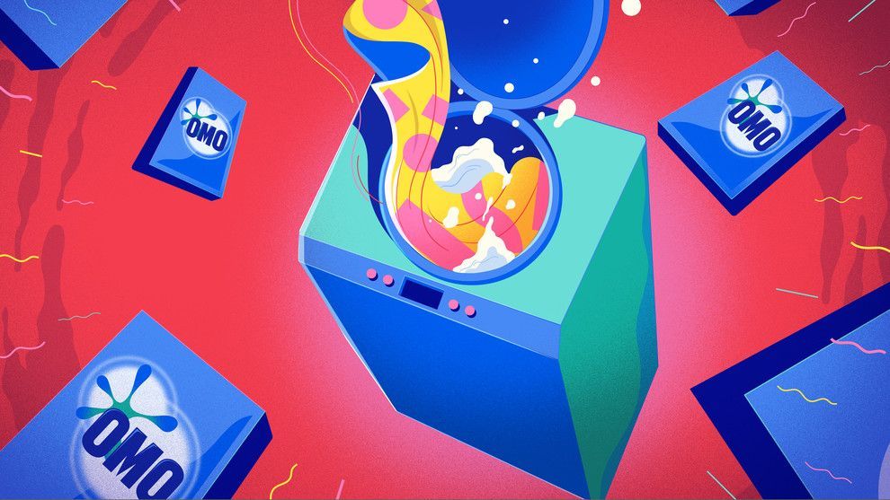 Ilustration of washing clothes with Omo