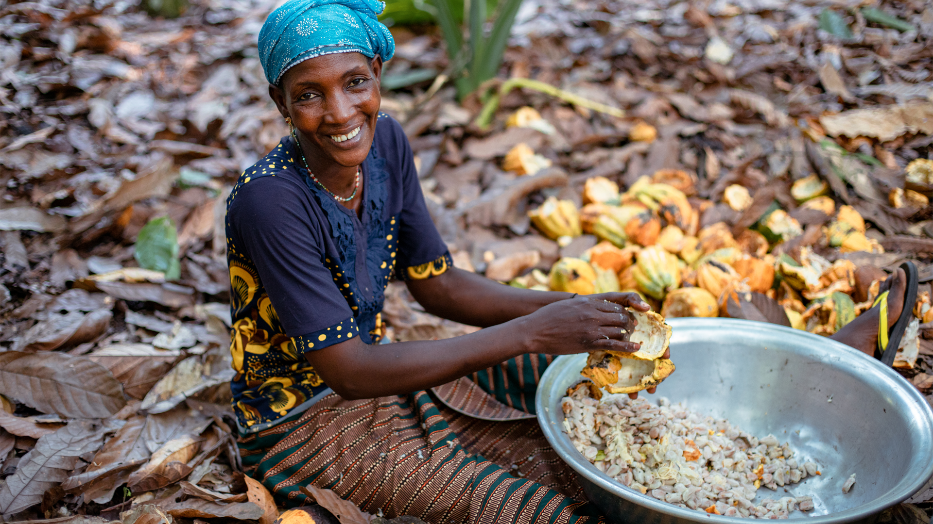 A female farmer looks at the camera and smiles whilst sorting cocoa beans in a bowl