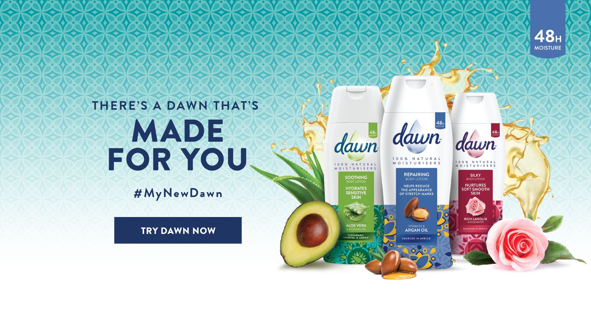 Picture of 3 bottles of 100% natural bottle of Moisturisers in Aloe, Argan Oil and Rich Lanolin