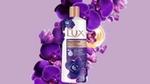 A bottle of Lux Magical Orchid on purple flowers against a violet background.