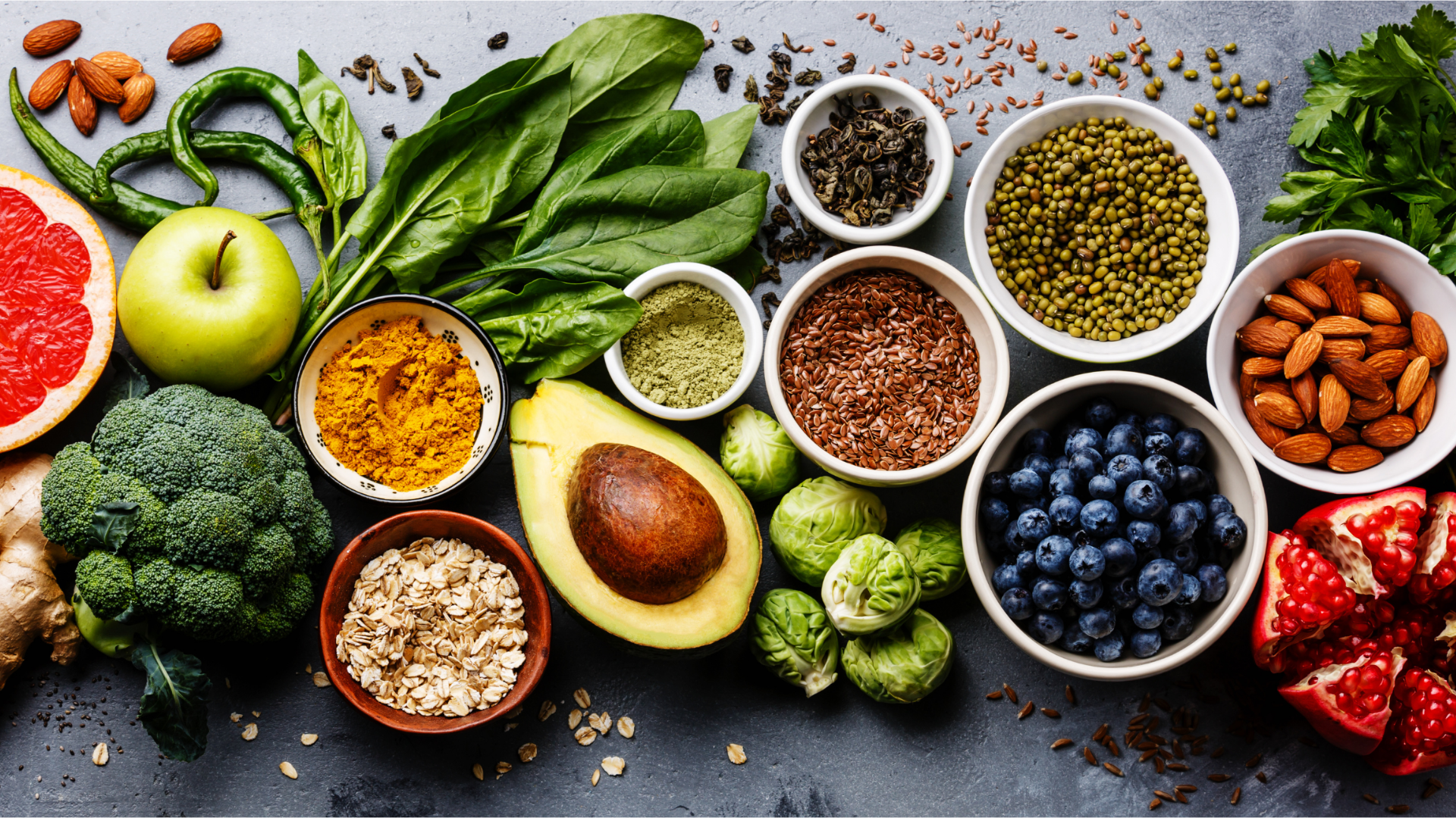 A colorful display of fruits and vegetables.