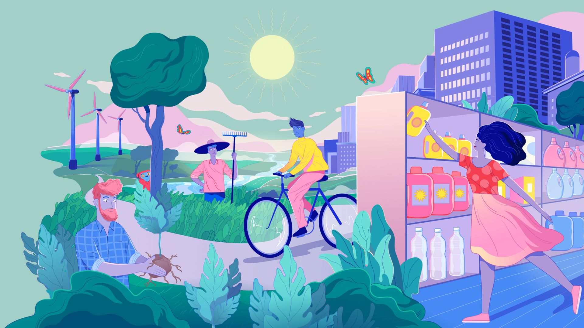 Multi-character planet and society scene. Farmers, wind farm, trees. Supermarket and buildings.