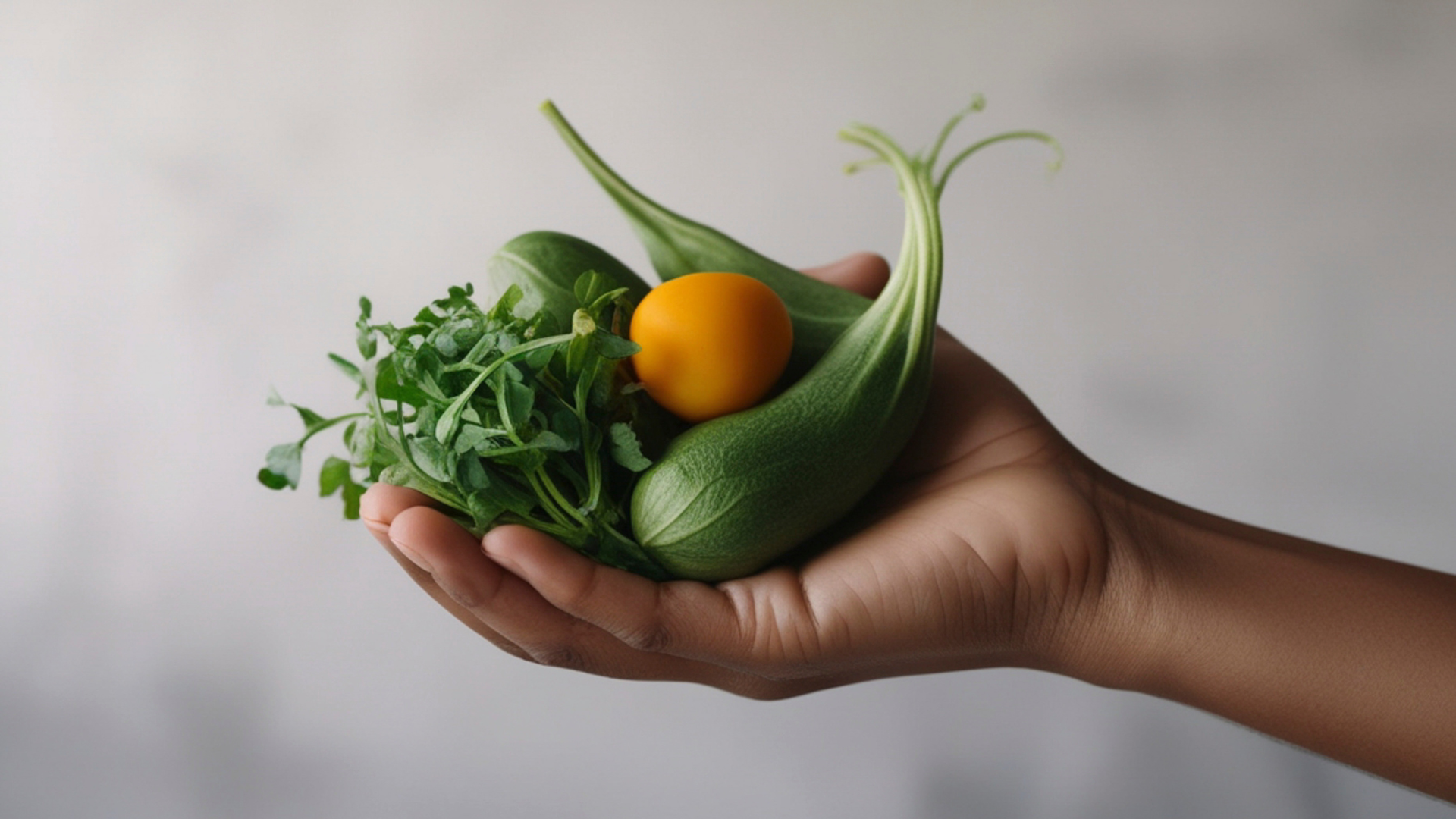 Hand holding fresh produce and a yellow cherry tomato.