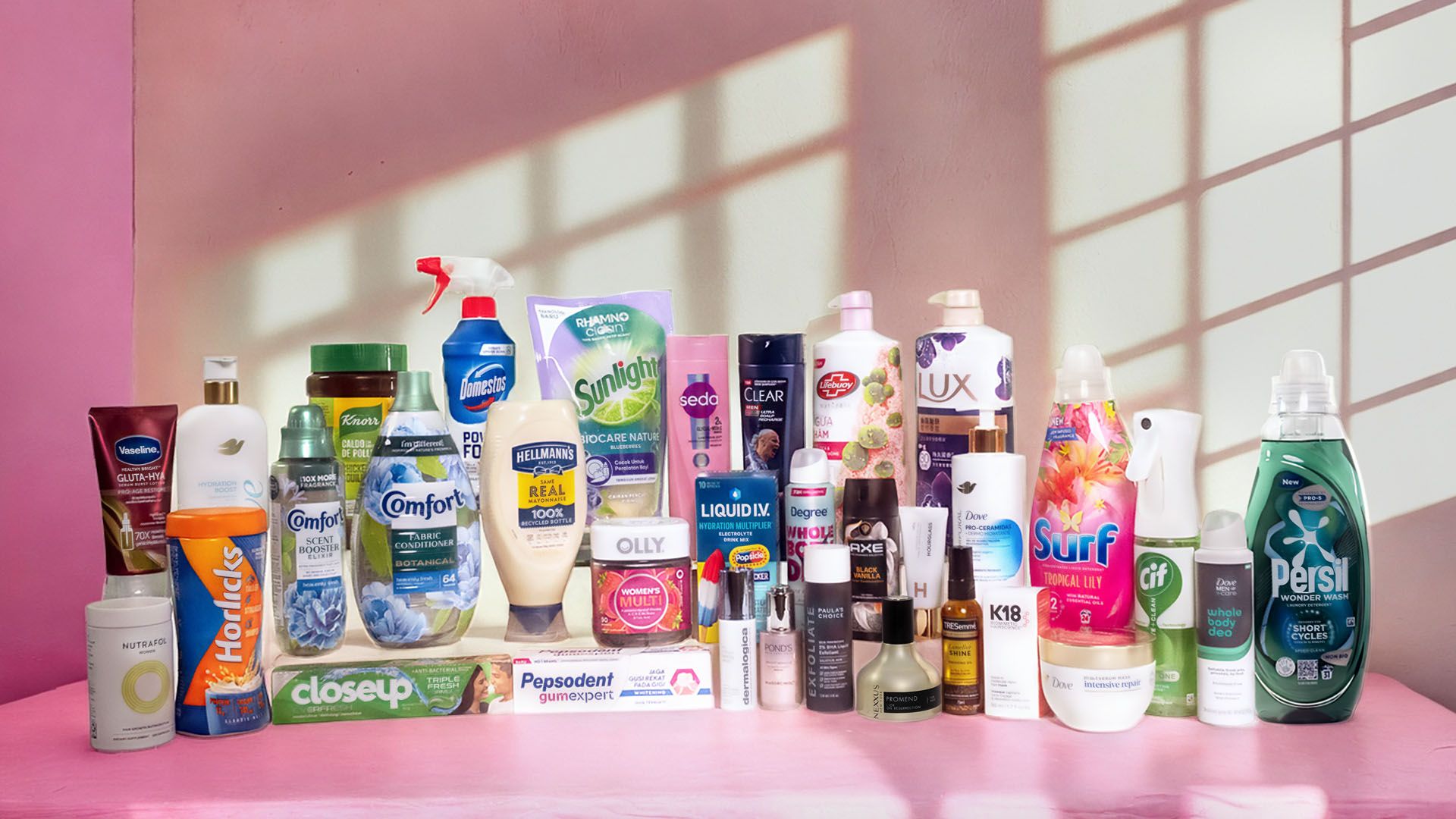 Line-up of Unilever’s Power Brands including Dove, Liquid I.V., Degree, Vaseline, Persil, Cif, Hellmann’s and Knorr. 