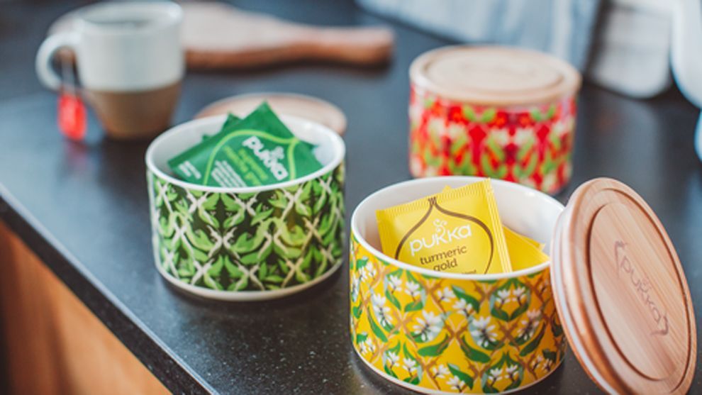 Pukka tea bags in a tea jar