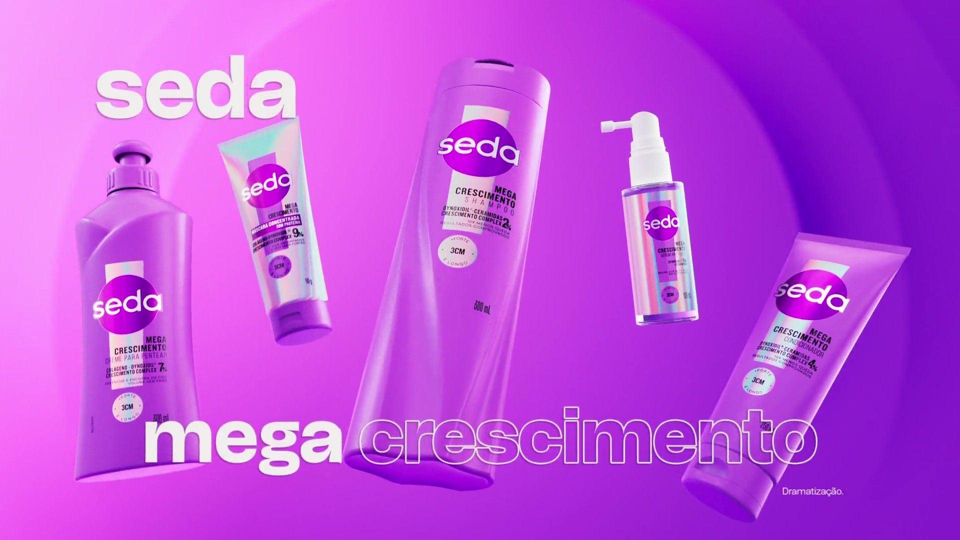 Five products from Sunsilk’s Bouncy Big Hair range. Purple and silver holographic bottles, tubes and sprays. Branding is for Seda.